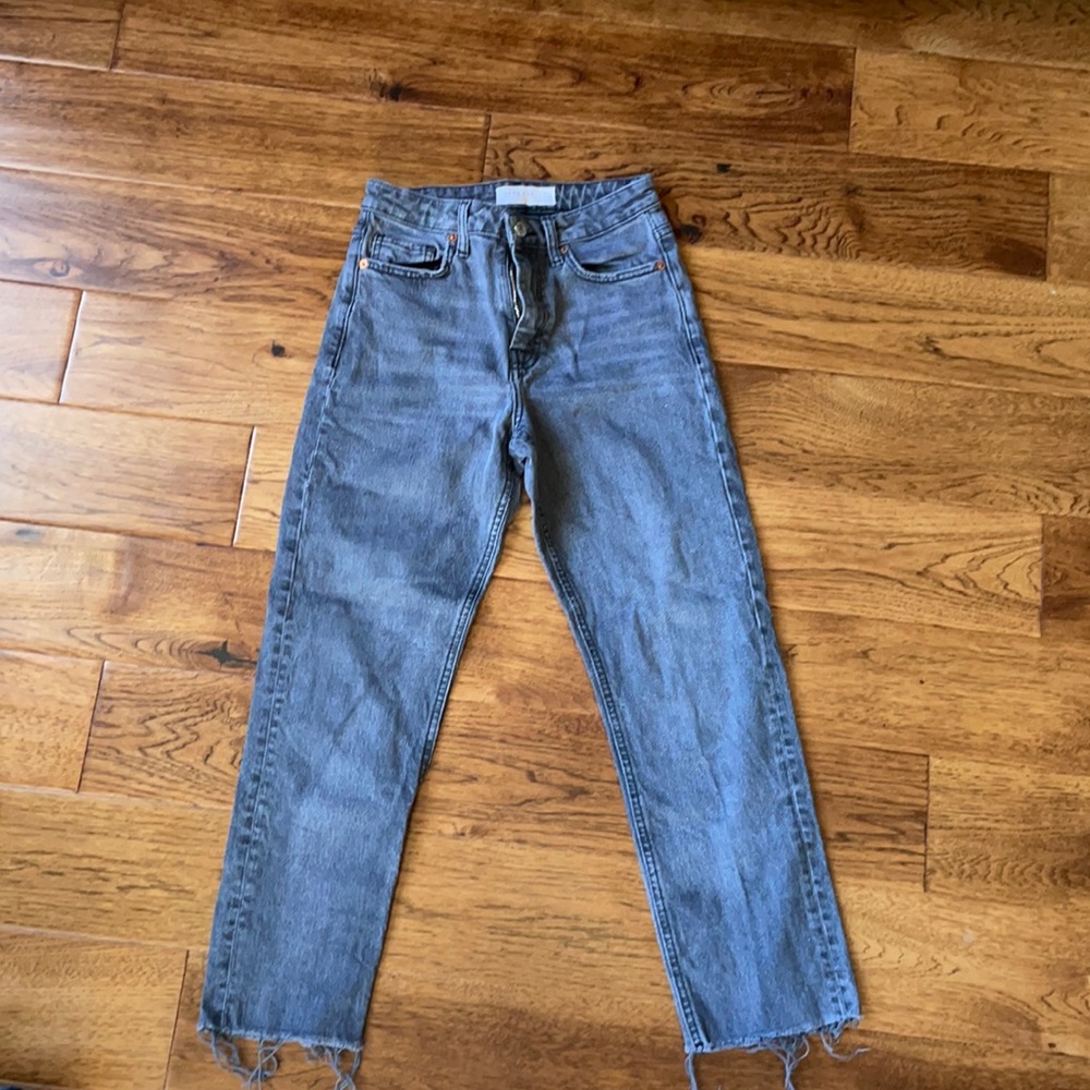 Topshop Grey Straight Cropped Frayed Jeans